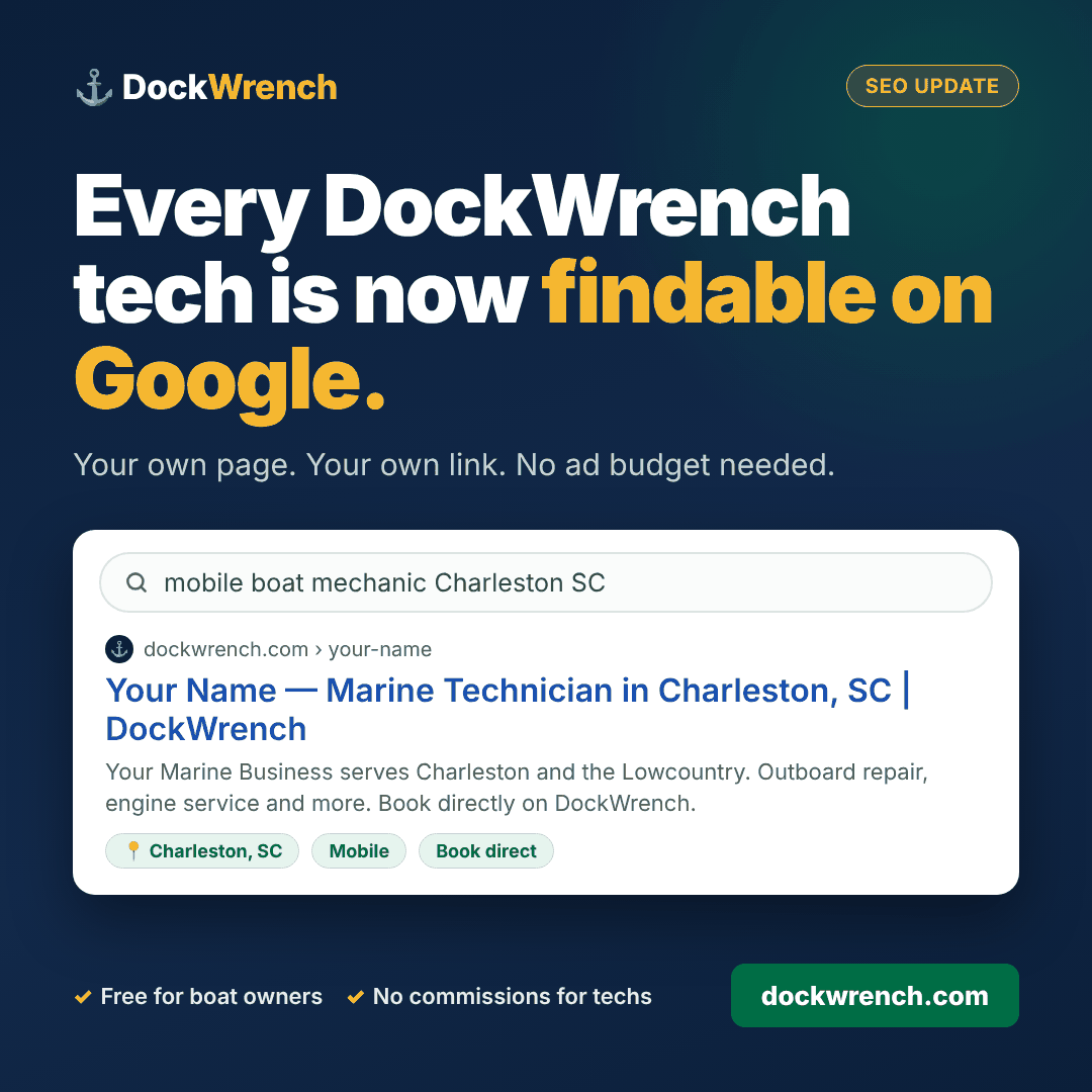 Illustration of a Google-style search for 'mobile boat mechanic Charleston SC' showing an example DockWrench technician profile in the results
